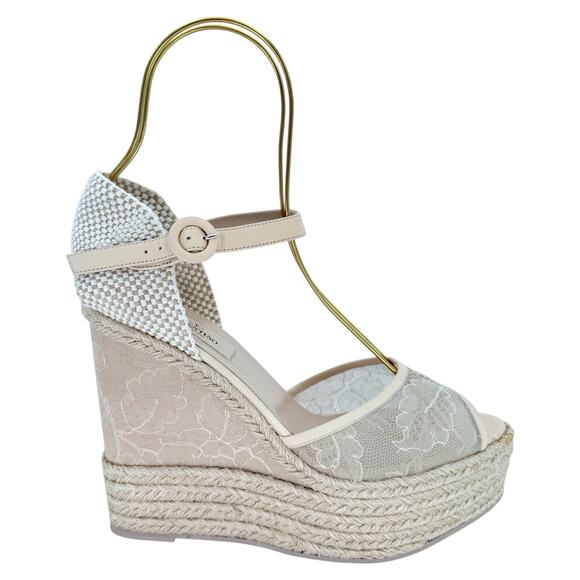 VALENTINO GARAVANI Mesh Lace Leather Espadrille Wedge EU 39 US 9 Platform Sandal - Picture 1 of 12